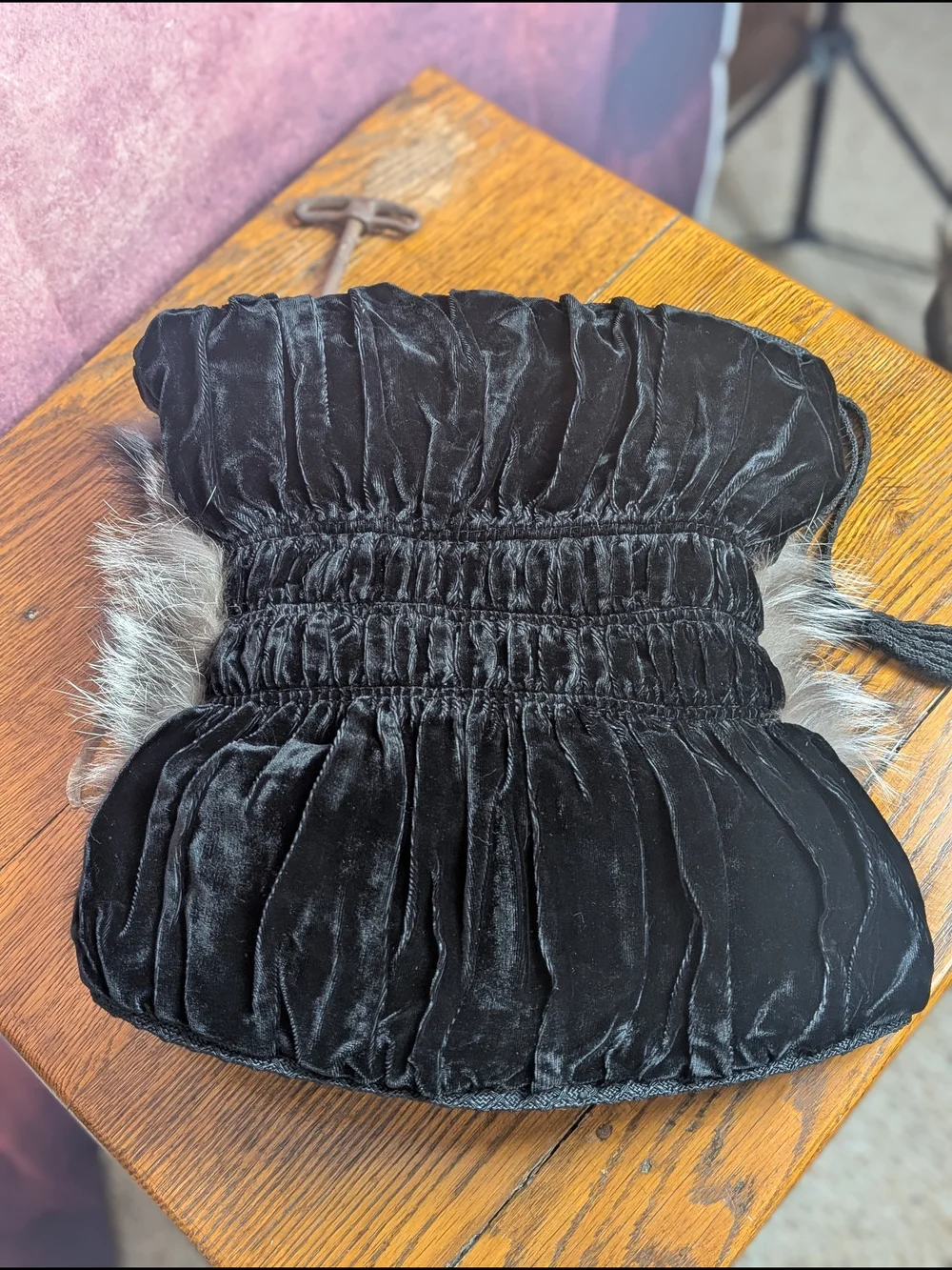 Vintage Black Velvet Fur Hand Muff Purse Wristlet 1940s 1950s Evening Bag